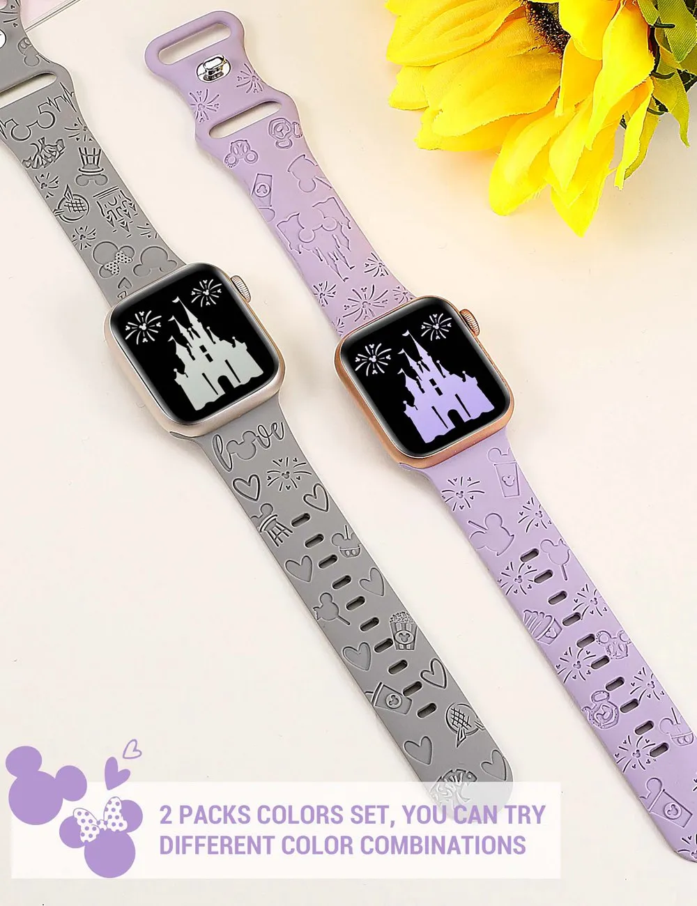 Wearlizer 2 Packs Cartoon Engraved Floral Band for Apple Watch 41mm 40mm 38mm Silicone Strap for iWatch Series 8/7/SE/6/5/4/3/2