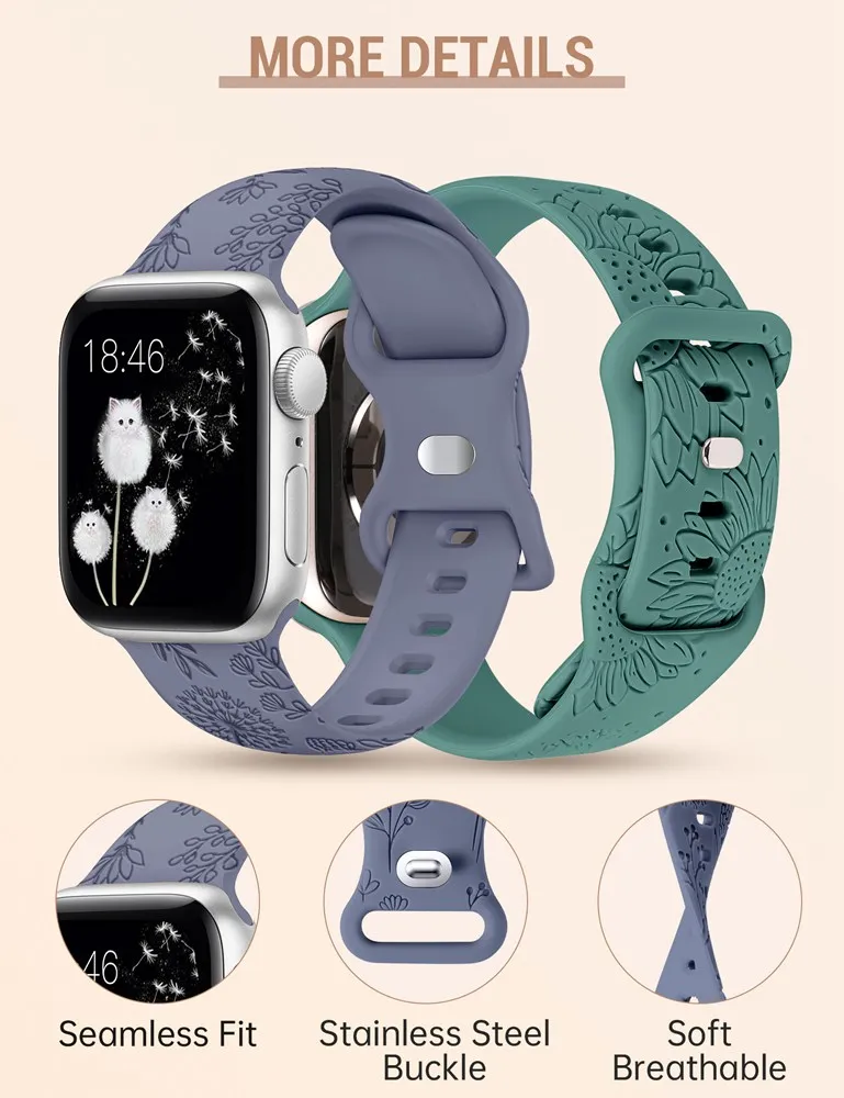 Wearlizer 2 Packs Sunflower Engraved Band for Apple Watch 8/7/SE/6/5/4/3/2/1 Band 41mm 40mm 38mm Dandelion Silicone Sport Strap