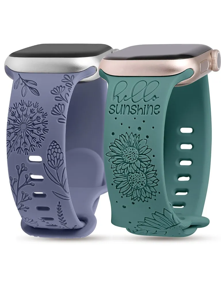 2 Packs Floral Engraved Band for Apple Watch 8/7/SE/6/5/4/3/2/1 Band 41mm 40mm 38mm Silicone Sport Strap