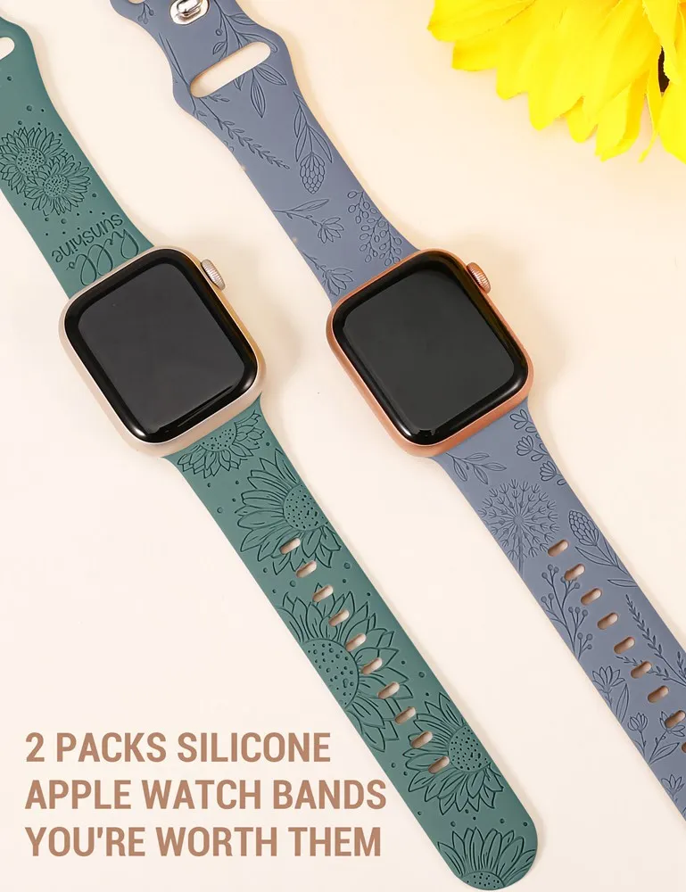 Wearlizer 2 Packs Sunflower Engraved Band for Apple Watch 8/7/SE/6/5/4/3/2/1 Band 41mm 40mm 38mm Dandelion Silicone Sport Strap