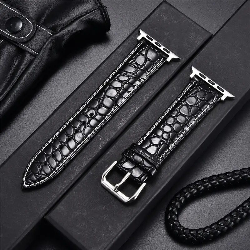 Apple Watch Leather Watchbands Crocodile Pattern Leather Watchbands For Ultra 8 7 6 SE 5 4 3 Watch Strap 49 45 44 42 41 40 38mm For iWatch
