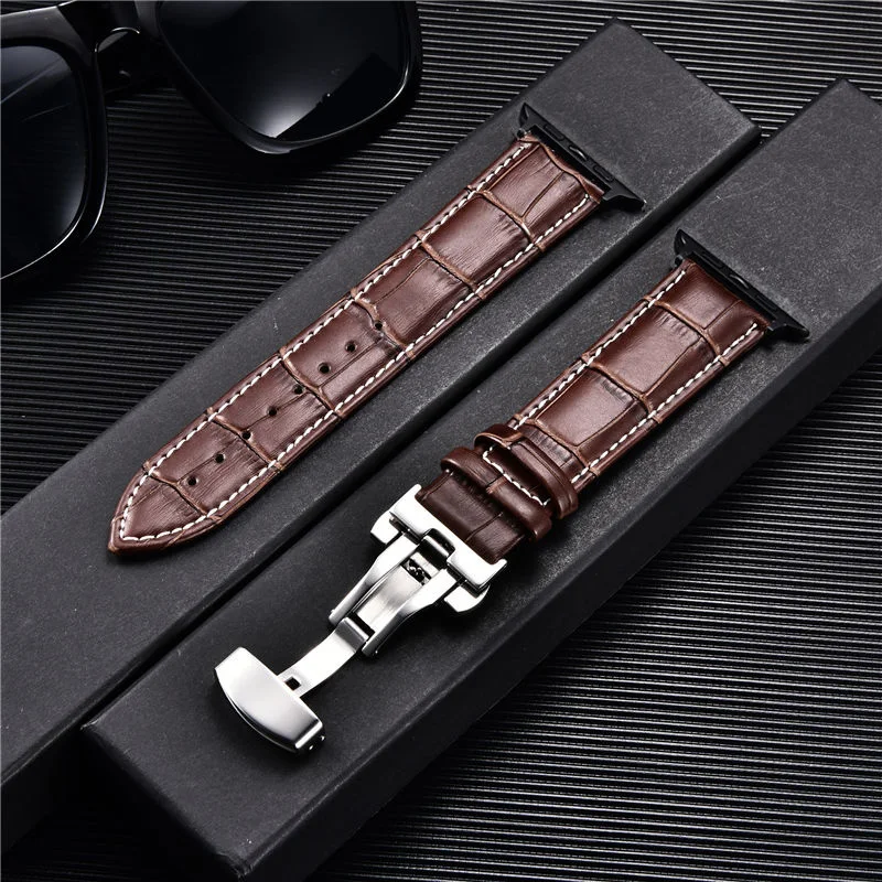 Embossed Leather Men Watch Straps for Apple Watch 8 7 6 SE 5 4 Butterfly Buckle 45mm 44mm 42mm 41mm 40mm 38mm Business Watchband