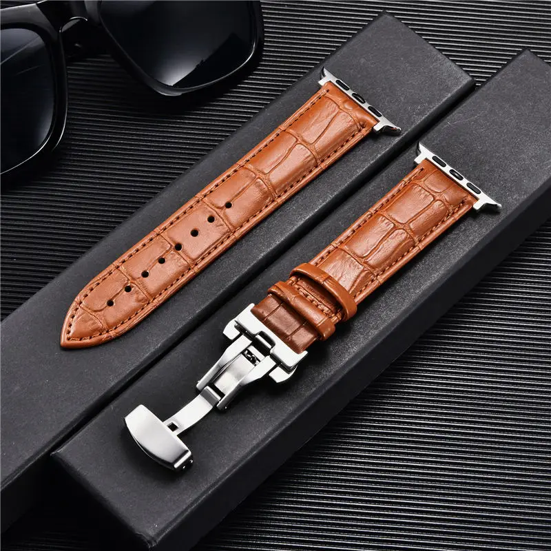 Embossed Leather Men Watch Straps for Apple Watch 8 7 6 SE 5 4 Butterfly Buckle 45mm 44mm 42mm 41mm 40mm 38mm Business Watchband