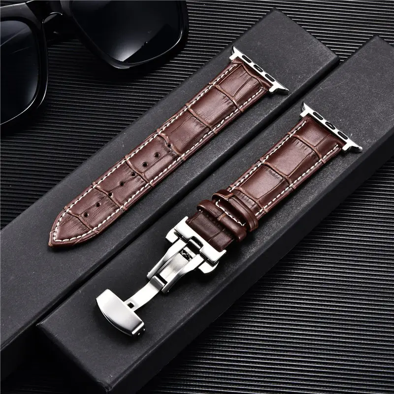 Embossed Leather Men Watch Straps for Apple Watch 8 7 6 SE 5 4 Butterfly Buckle 45mm 44mm 42mm 41mm 40mm 38mm Business Watchband