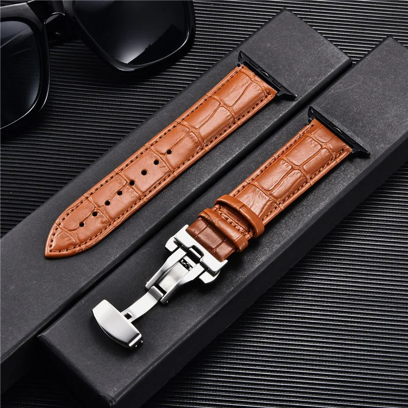 Embossed Leather Men Watch Straps for Apple Watch 8 7 6 SE 5 4 Butterfly Buckle 45mm 44mm 42mm 41mm 40mm 38mm Business Watchband