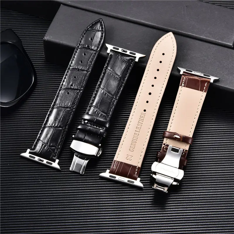 Embossed Leather Men Watch Straps for Apple Watch 8 7 6 SE 5 4 Butterfly Buckle 45mm 44mm 42mm 41mm 40mm 38mm Business Watchband