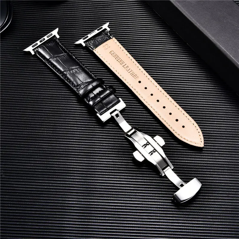 Embossed Leather Men Watch Straps for Apple Watch 8 7 6 SE 5 4 Butterfly Buckle 45mm 44mm 42mm 41mm 40mm 38mm Business Watchband