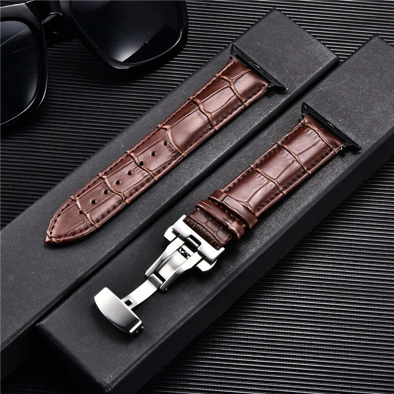 Embossed Leather Men Watch Straps for Apple Watch 8 7 6 SE 5 4 Butterfly Buckle 45mm 44mm 42mm 41mm 40mm 38mm Business Watchband