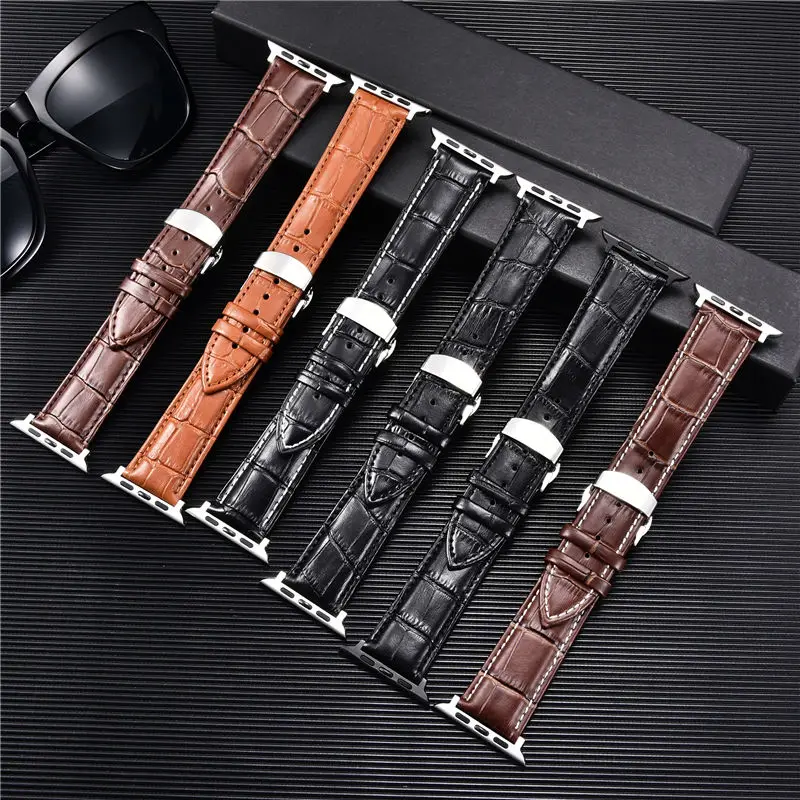 Embossed Leather Men Watch Straps for Apple Watch 8 7 6 SE 5 4 Butterfly Buckle 45mm 44mm 42mm 41mm 40mm 38mm Business Watchband