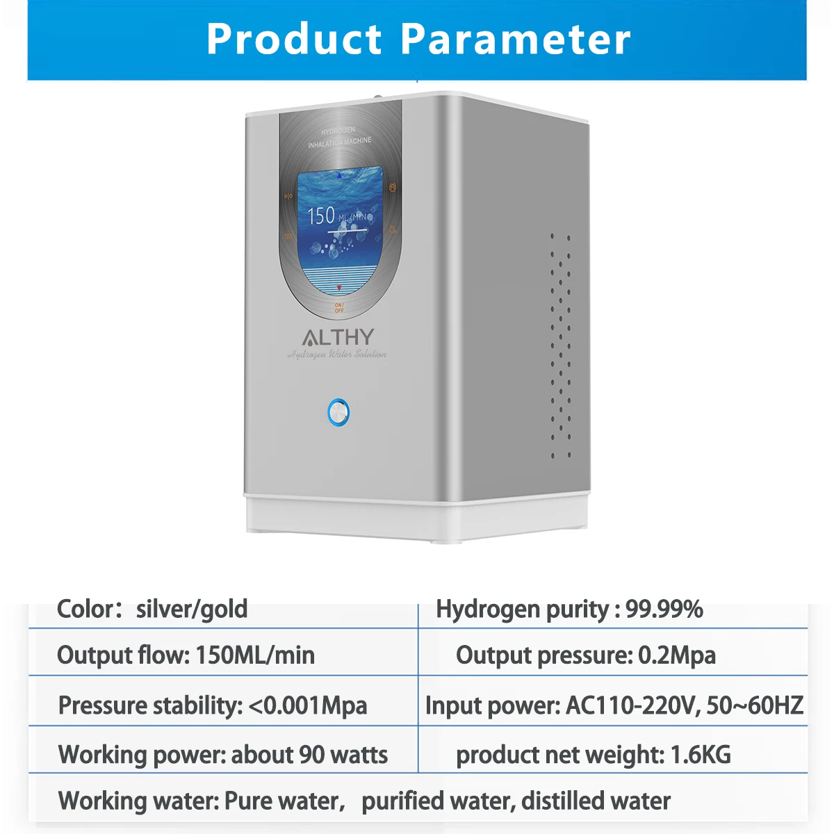 ALTHY Hydrogen Inhalation Machine & Hydrogen Water Generator 99.99% High Purity Low Noise H2 Inhalation SPE/PEM 150ml/min