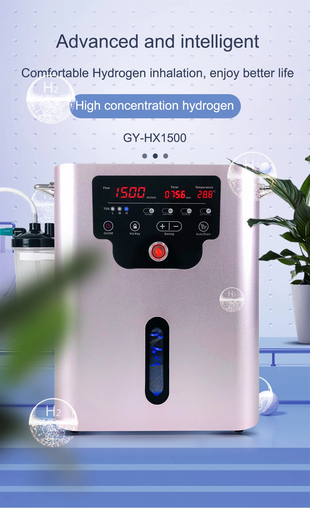 Oxygen Inhalation Machine 1500ML/Min Molecular Hydrogen Gas Therapy Device Hydrogen Water Generator H2 Inhaler