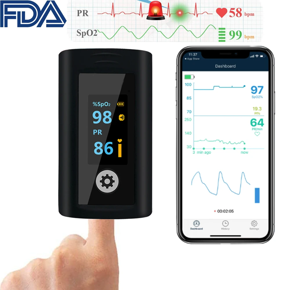 Bluetooth Finger Pulse Oximeter Sleep Monitoring Alarm Blood Oxygen Heart Rate Saturation Meter Internal Storage Log Data