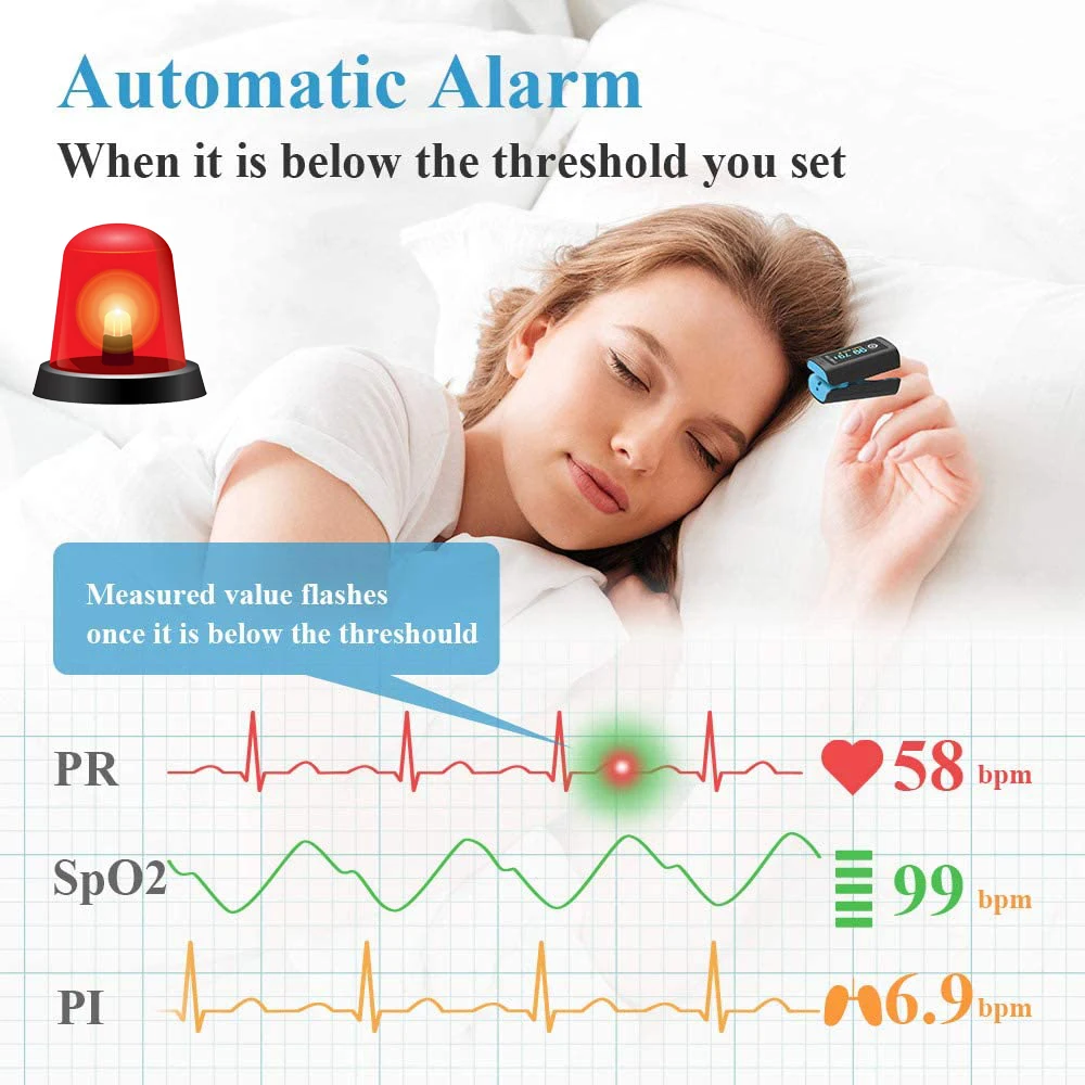 Finger Pulse Oximeter Bluetooth Sleep Monitor Alarm Blood Oxygen Monitor Heart Rate Saturation Meter Internal Storage Log Data