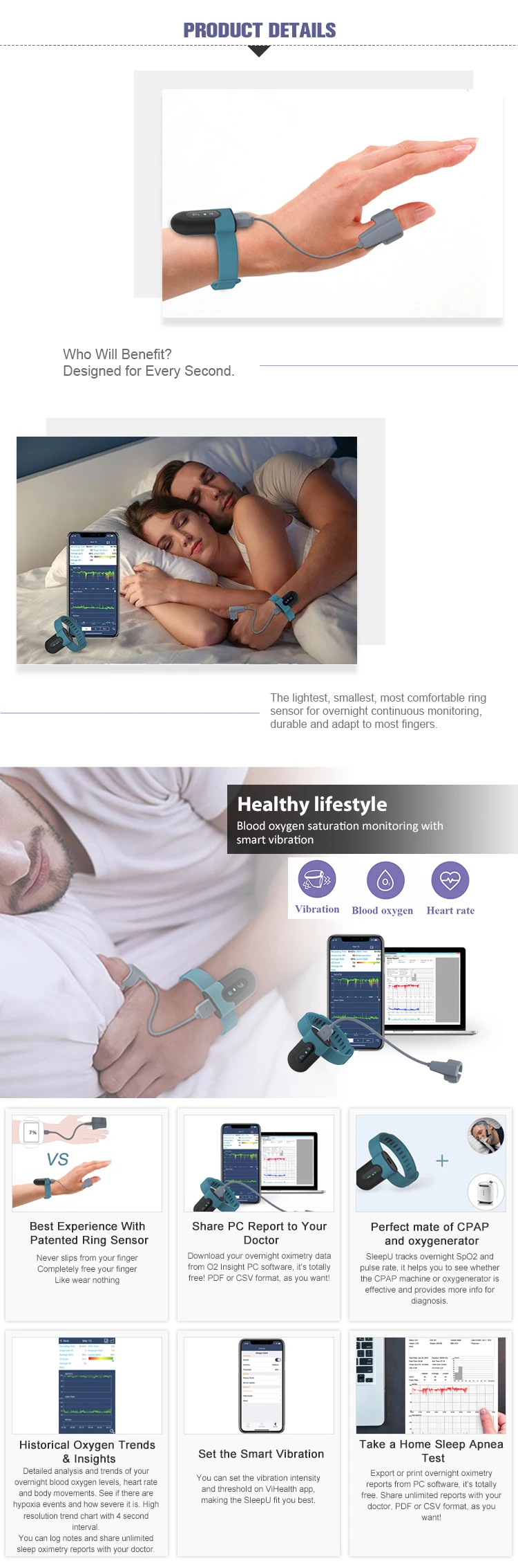 Bluetooth blood oxygen meter APP wireless heart rate pulse blood oxygen monitor wearable sleep apnea data storage blood oxygen m