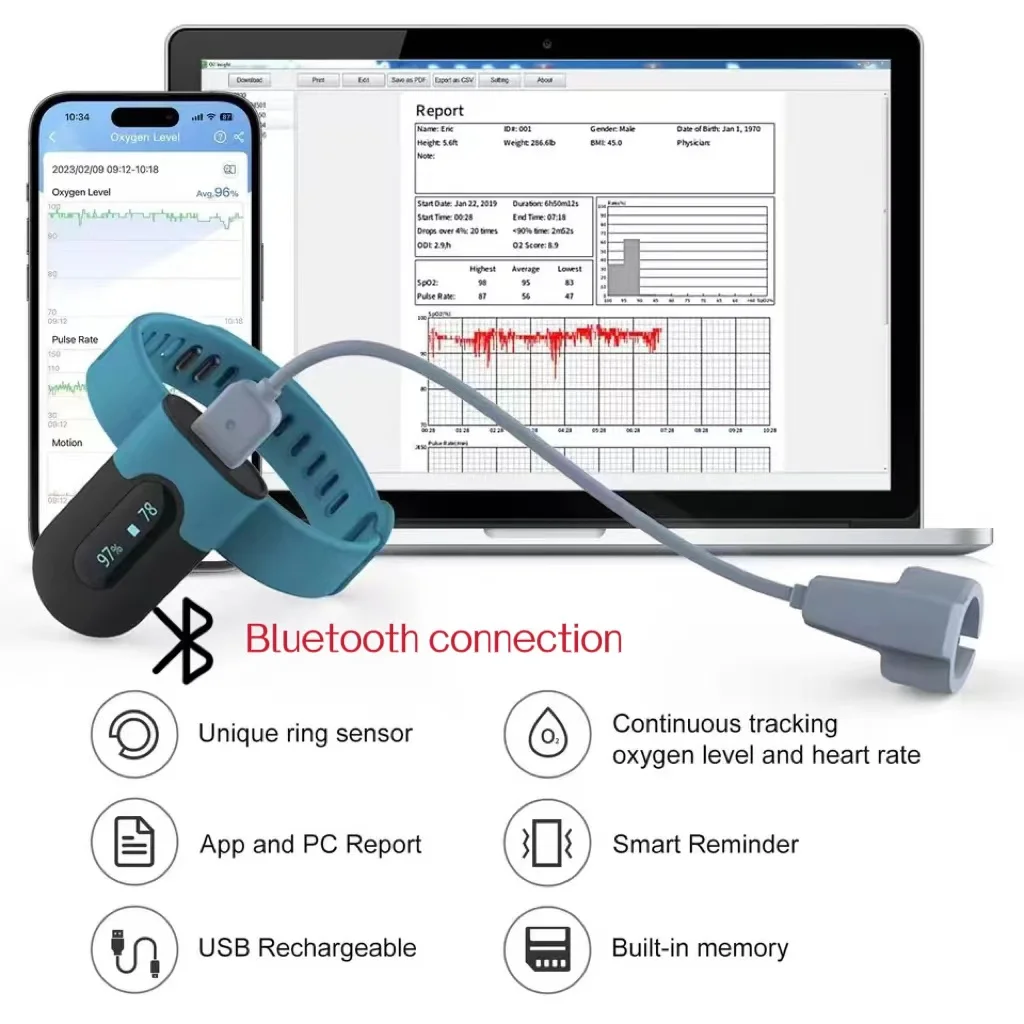 Blood Oxygen Meter APP Wireless Heart Rate Pulse Monitor Bluetooth Blood Oxygen Monitor Wearable Sleep Apnea Data Storage